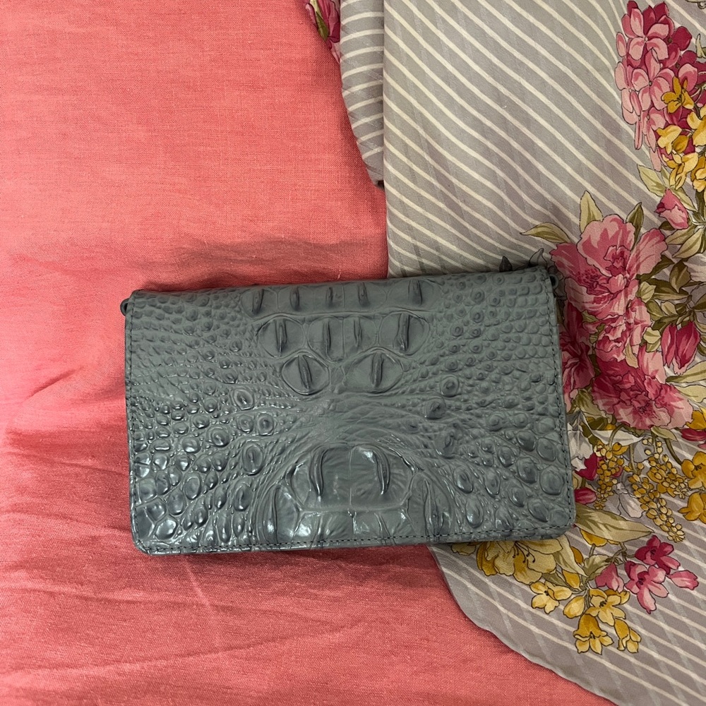 Brahmin Melbourne Gray Crocodile-Embossed Crossbody Clutch